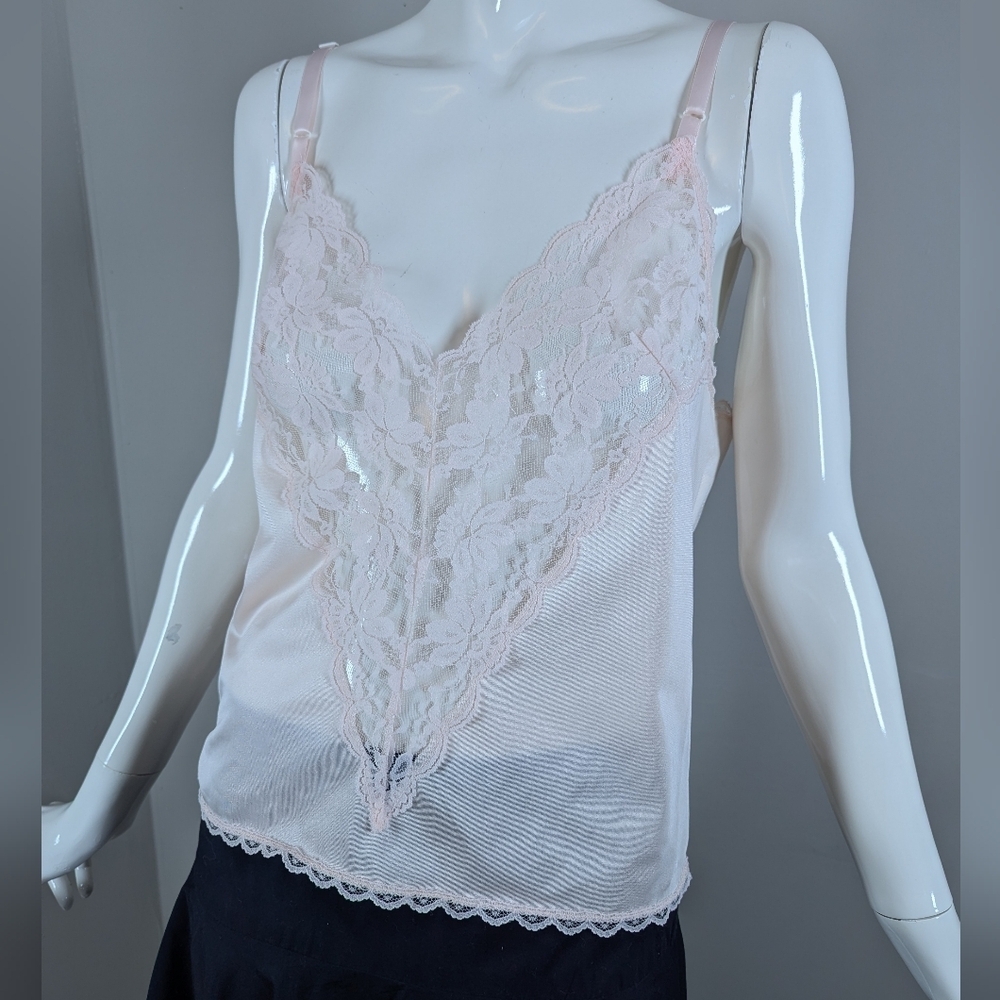 Promptu Vintage Lace Camisole Pink Nylon Lingerie Sheer Tank Small